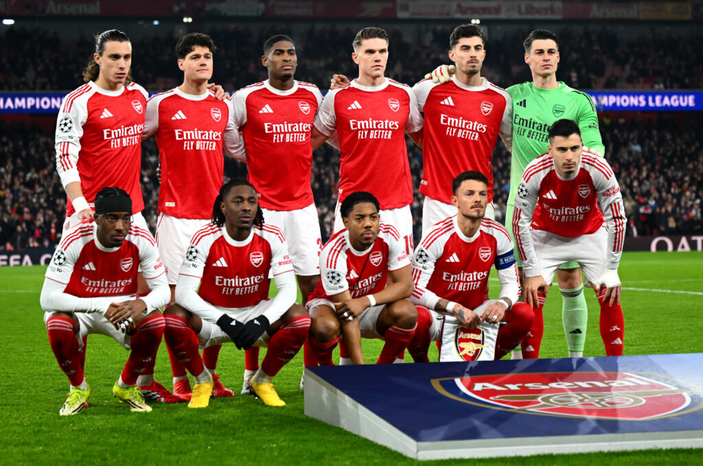 LONDON, ENGLAND - JANUARY 28: Players of Arsenal pose for a team photograph prior to the UEFA Champions League 2025/26 League Phase MD8 match between Arsenal FC and FC Kairat Almaty at Arsenal Stadium on January 28, 2026 in London, England. (Photo by Clive Mason/Getty Images)