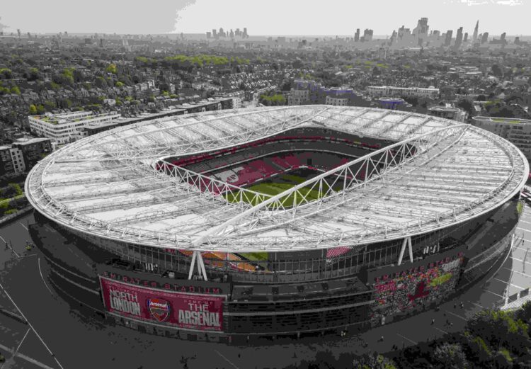 LONDON, ENGLAND - OCTOBER 08: An aerial view of Emirates Stadium ahead of the Premier League match between Arsenal FC and Manchester City at Emirat...