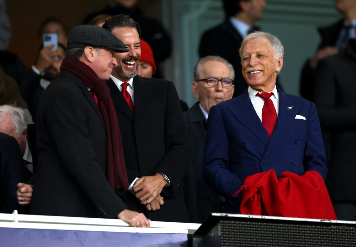 LONDON, ENGLAND - OCTOBER 01: Arsenal Owner Stan Kroenke (R) reacts with Arsenal Director Josh Kroenke (C) and Arsenal Executive Vice-Chair Tim Lew...