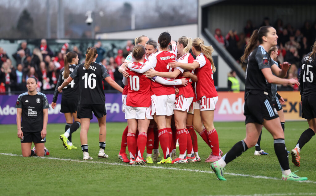 BOREHAMWOOD, ENGLAND - JANUARY 18: Kim Little of Arsenal celebrates scoring her team's second goal with teammates during the Adobe Women's FA Cup Fourth Round match between Arsenal and Aston Villa at Mangata Pay UK Stadium on January 18, 2026 in Borehamwood, England. (Photo by Ryan Pierse/Getty Images)