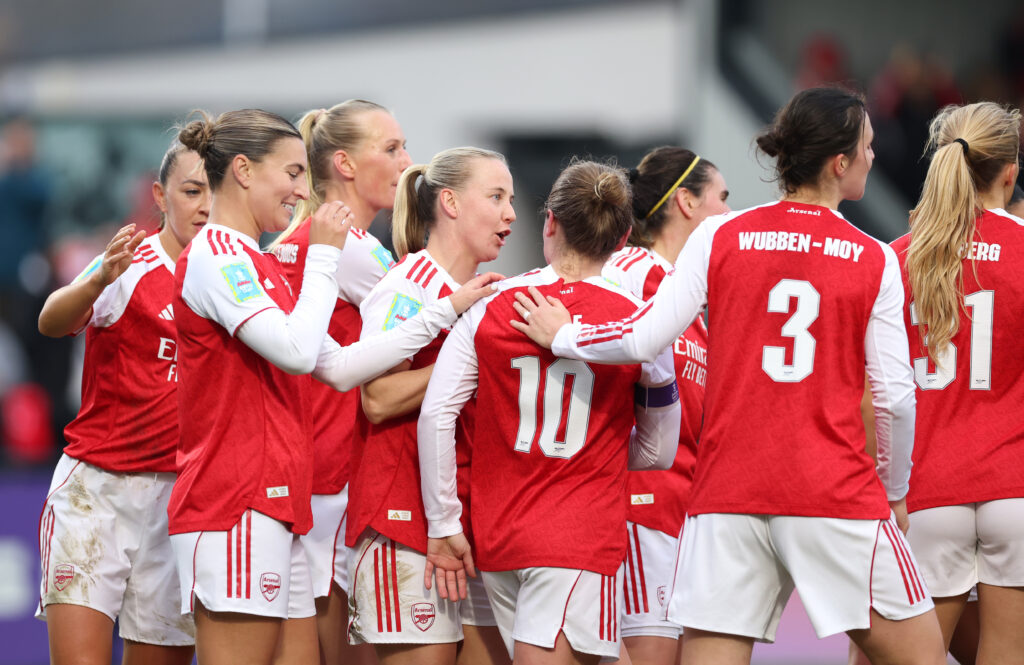 BOREHAMWOOD, ENGLAND - JANUARY 18: Kim Little of Arsenal celebrates scoring her team's second goal with teammates during the Adobe Women's FA Cup Fourth Round match between Arsenal and Aston Villa at Mangata Pay UK Stadium on January 18, 2026 in Borehamwood, England. (Photo by Ryan Pierse/Getty Images)
