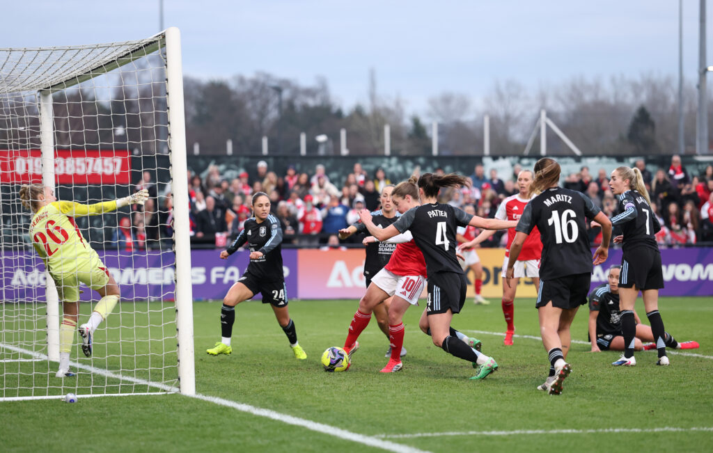 BOREHAMWOOD, ENGLAND - JANUARY 18: Kim Little of Arsenal scores her team's second goal during the Adobe Women's FA Cup Fourth Round match between Arsenal and Aston Villa at Mangata Pay UK Stadium on January 18, 2026 in Borehamwood, England. (Photo by Ryan Pierse/Getty Images)