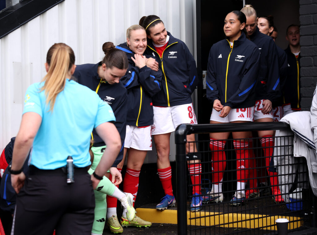 BOREHAMWOOD, ENGLAND - JANUARY 18: Beth Mead of Arsenal interacts with Mariona Caldentey of Arsenal during the Adobe Women's FA Cup Fourth Round match between Arsenal and Aston Villa at Mangata Pay UK Stadium on January 18, 2026 in Borehamwood, England. (Photo by Ryan Pierse/Getty Images)