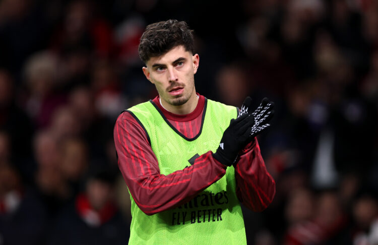 LONDON, ENGLAND - DECEMBER 30: Kai Havertz of Arsenal applauds as he warms up on the side lines during the Premier League match between Arsenal and...