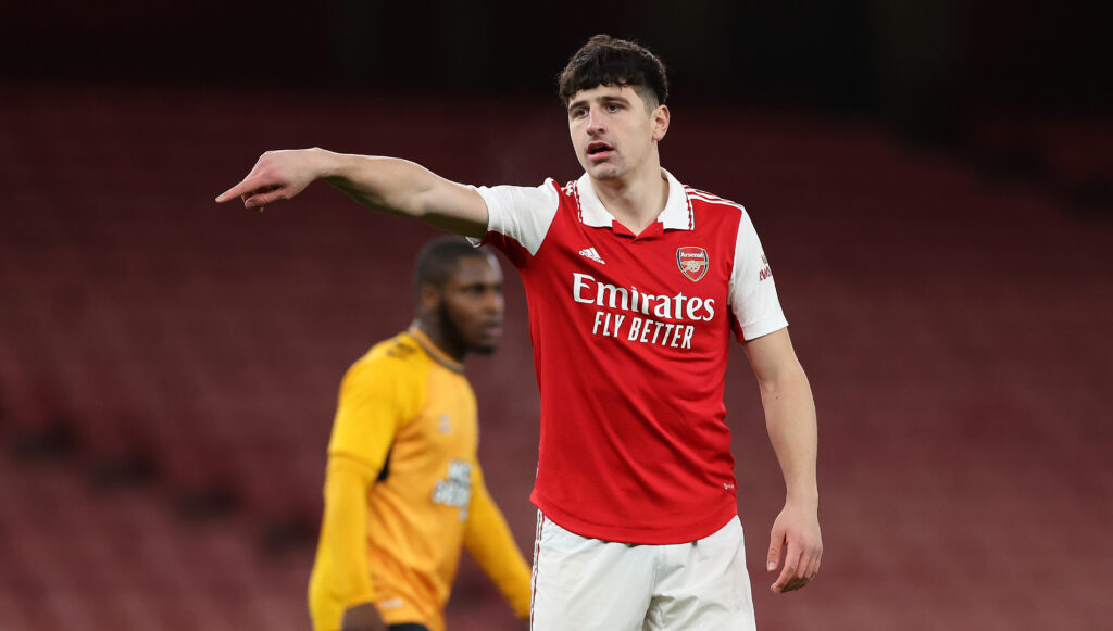 Arsenal sell 20yo 2 LONDON, ENGLAND - FEBRUARY 23: Maldini Kacurri of Arsenal looks on during the FA Youth Cup Fifth round match between Arsenal and Cambridge United at Emirates Stadium on February 23, 2023 in London, England. (Photo by Julian Finney/Getty Images)