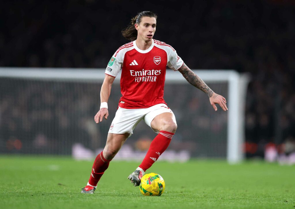 LONDON, ENGLAND - DECEMBER 23: Riccardo Calafiori of Arsenal during the Carabao Cup Quarter Final match between Arsenal and Crystal Palace at Emirates Stadium on December 23, 2025 in London, England. (Photo by Alex Pantling/Getty Images)