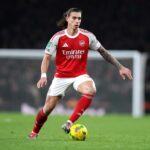 LONDON, ENGLAND - DECEMBER 23: Riccardo Calafiori of Arsenal during the Carabao Cup Quarter Final match between Arsenal and Crystal Palace at Emirates Stadium on December 23, 2025 in London, England. (Photo by Alex Pantling/Getty Images)
