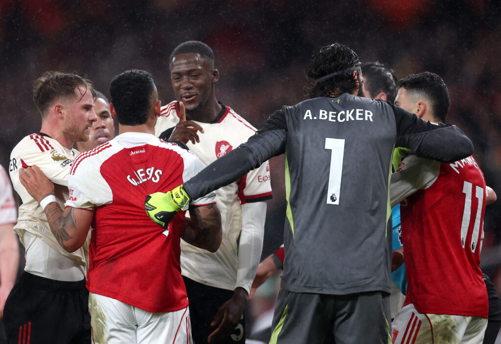 Arsenal fans lodge 576 Gary Neville complaints with Ofcom 3 LONDON, ENGLAND - JANUARY 08: Tempers flare between Gabriel Jesus of Arsenal and Ibrahima Konate of Liverpool during the Premier League match between Arsenal and Liverpool at Emirates Stadium on January 08, 2026 in London, England. (Photo by Julian Finney/Getty Images)