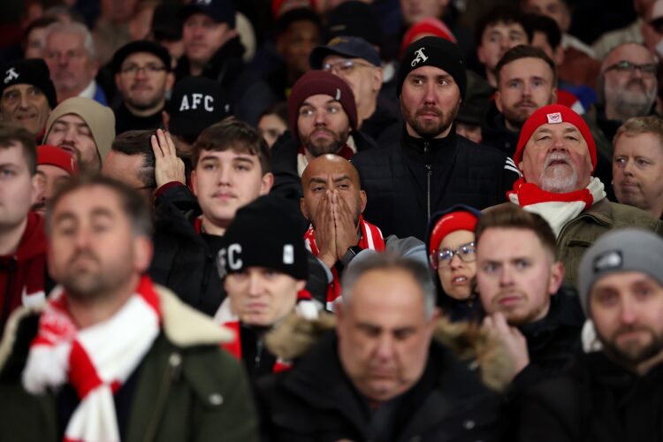 Fans of Arsenal react during the Premier League match between Arsenal and Manchester United at Emirates Stadium on January 25, 2026 in London, Engl...