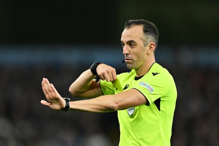 Referee Joao Pinheiro gestures during the UEFA Champions League 2024/25 League Phase MD3 match between Aston Villa FC and Bologna FC 1909 at Villa ...