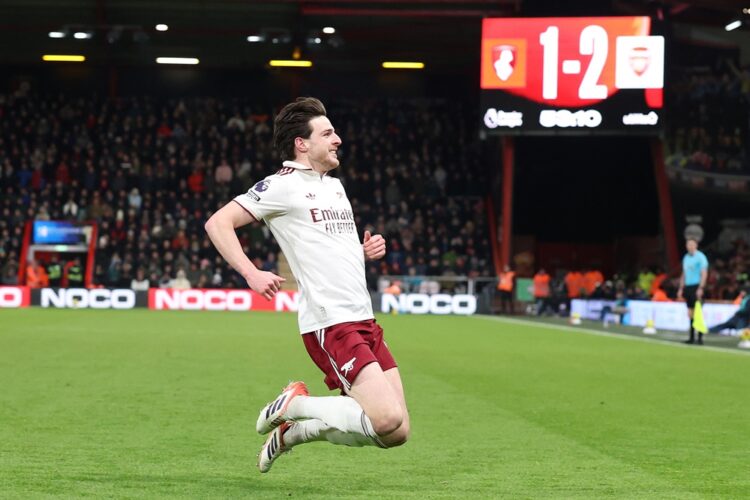 Declan Rice of Arsenal celebrates scoring his team's second goal during the Premier League match between Bournemouth and Arsenal at Vitality Stadiu...