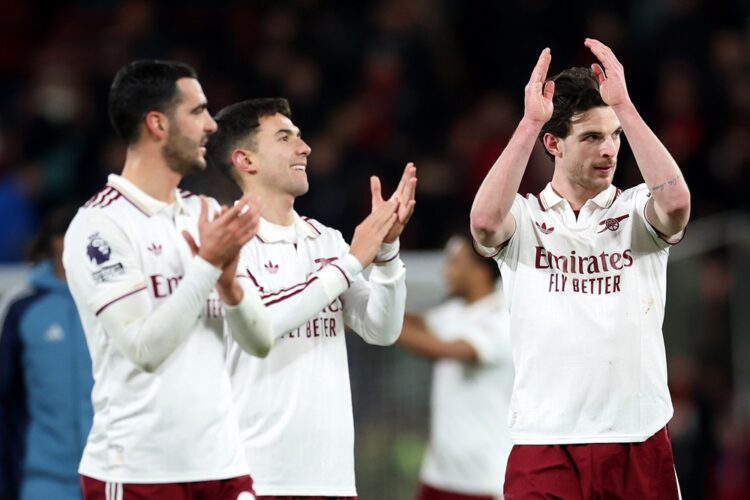 Declan Rice of Arsenal applauds the fans after the Premier League match between Bournemouth and Arsenal at Vitality Stadium on January 03, 2026 in ...