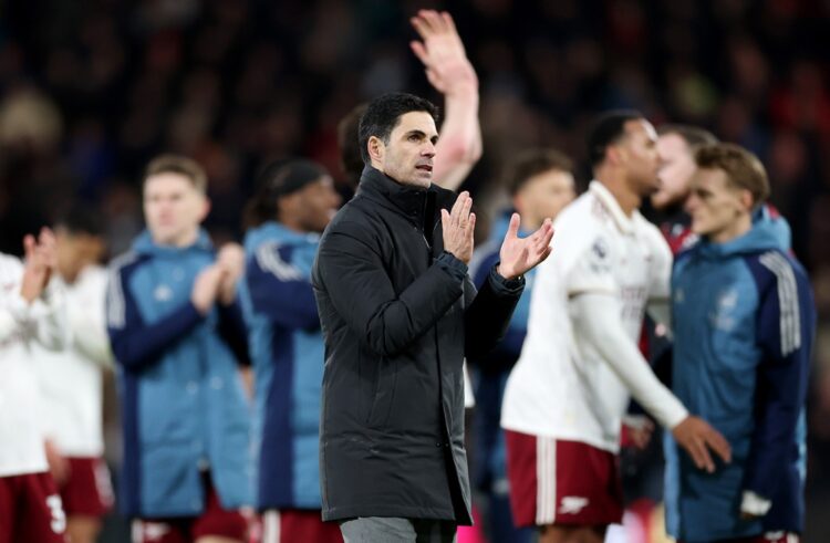 Mikel Arteta, Manager of Arsenal, applauds the fans after the Premier League match between Bournemouth and Arsenal at Vitality Stadium on January 0...