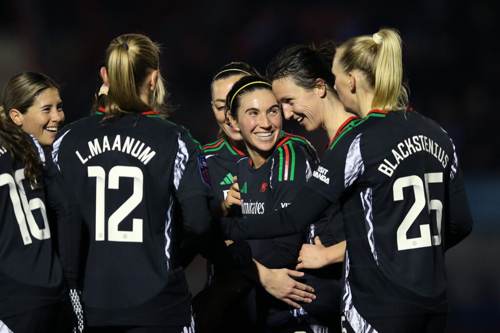 CRAWLEY, ENGLAND - JANUARY 22: Mariona Caldentey of Arsenal (3rd R) celebrates scoring her team's fourth goal with teammates during the Subway Women's League Cup match between Brighton & Hove Albion and Arsenal at Broadfield Stadium on January 22, 2025 in Crawley, England. (Photo by Steve Bardens/Getty Images)