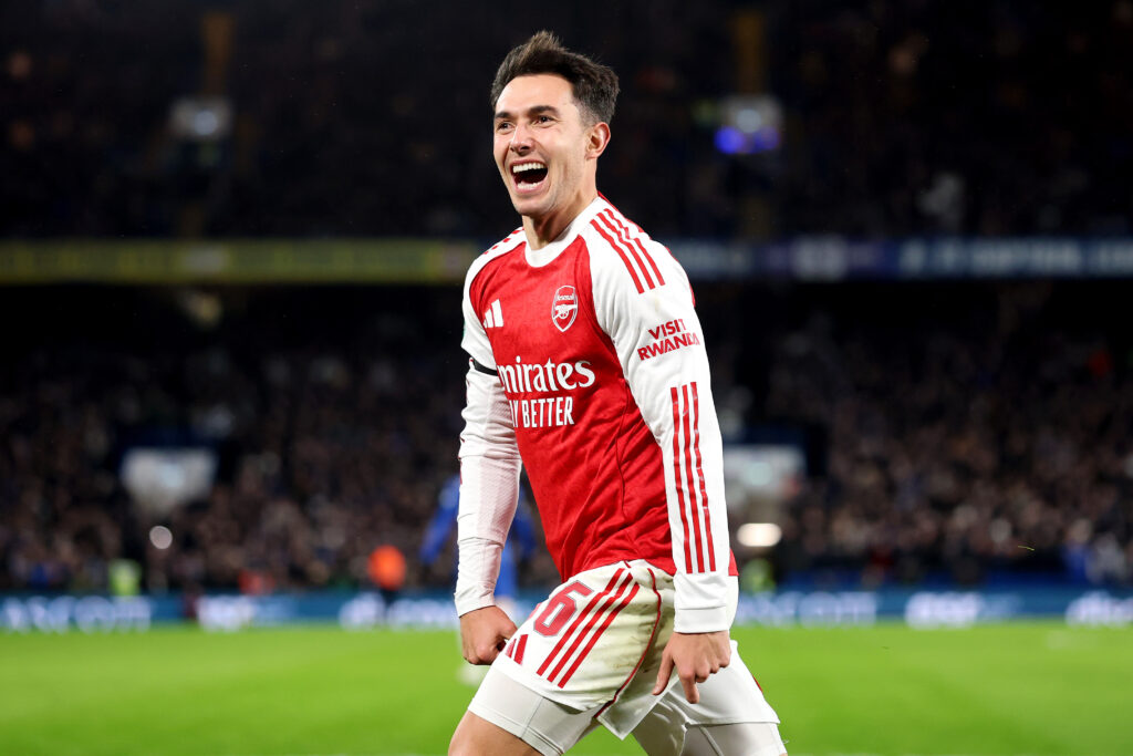 LONDON, ENGLAND - JANUARY 14: Martin Zubimendi of Arsenal celebrates scoring his team's third goal during the Carabao Cup Semi Final First Leg match between Chelsea and Arsenal at Stamford Bridge on January 14, 2026 in London, England. (Photo by Alex Pantling/Getty Images)