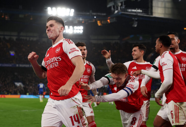 LONDON, ENGLAND - JANUARY 14: Martin Odegaard of Arsenal pushes teammate Viktor Gyokeres to celebrate after scoring his team's second goal during t...