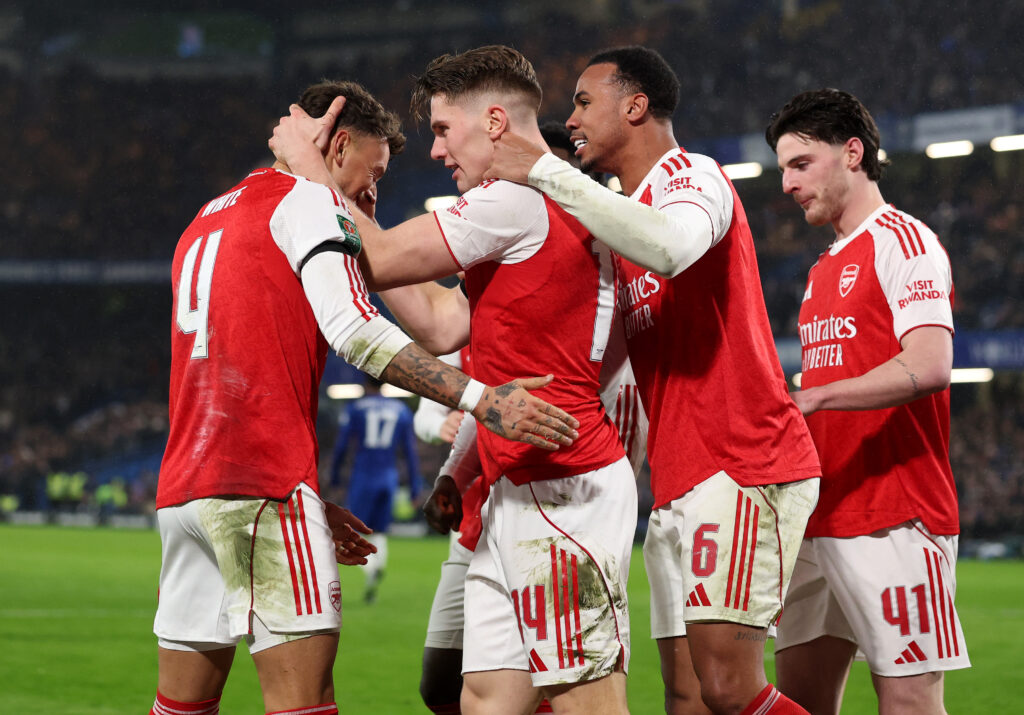 LONDON, ENGLAND - JANUARY 14: Viktor Gyokeres of Arsenal celebrates scoring his team's second goal with teammates during the Carabao Cup Semi Final First Leg match between Chelsea and Arsenal at Stamford Bridge on January 14, 2026 in London, England. (Photo by Alex Pantling/Getty Images)