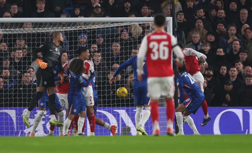 LONDON, ENGLAND - JANUARY 14: Ben White of Arsenal scores his team's first goal during the Carabao Cup Semi Final First Leg match between Chelsea and Arsenal at Stamford Bridge on January 14, 2026 in London, England. (Photo by Alex Pantling/Getty Images)