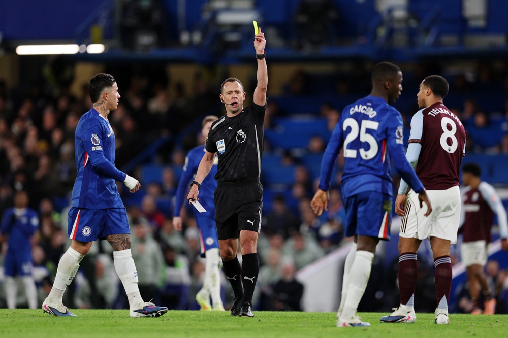 Chelsea star to miss City clash after 3rd ban in a month 1 Referee Stuart Attwell shows a yellow card to Moises Caicedo of Chelsea during the Premier League match between Chelsea and Aston Villa at Stamford...