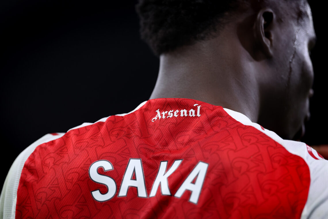 Bukayo Saka's new deal details revealed 1 LIVERPOOL, ENGLAND - DECEMBER 20: The word Arsenal is seen on the shirt of Bukayo Saka of Arsenal during the Premier League match between Everton a...