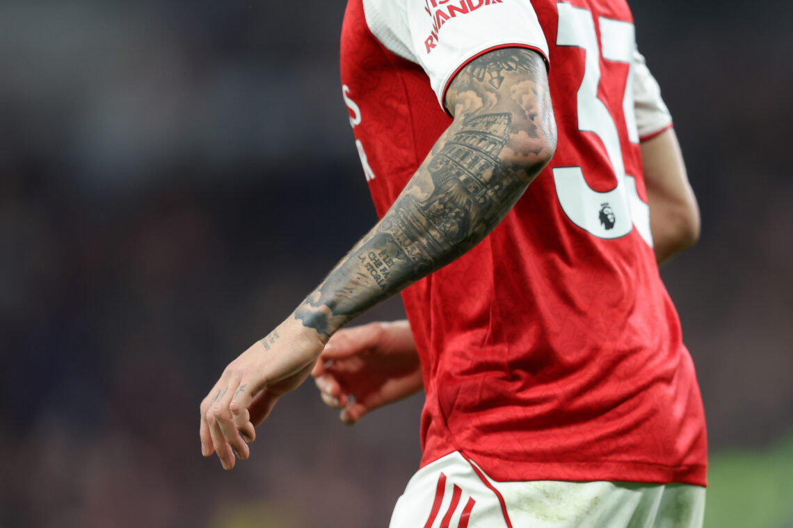 LIVERPOOL, ENGLAND - DECEMBER 20: Tattoos on the arm of Riccardo Calafiori of Arsenal during the Premier League match between Everton and Arsenal a...