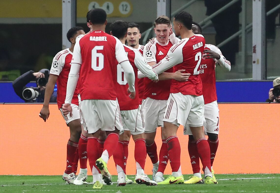 MILAN, ITALY - JANUARY 20: Viktor Gyokeres of Arsenal FC celebrates with his team-mates after scoring their team's third goal during the UEFA Champ...