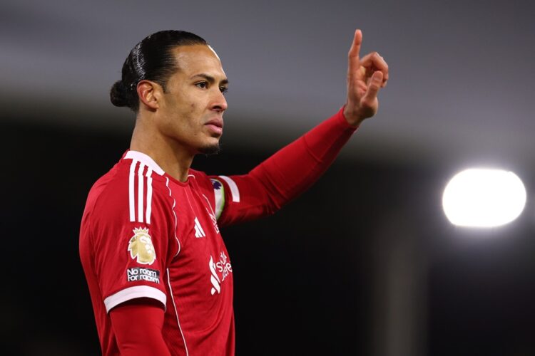 Virgil van Dijk of Liverpool looks on during the Premier League match between Fulham and Liverpool at Craven Cottage on January 04, 2026 in London,...