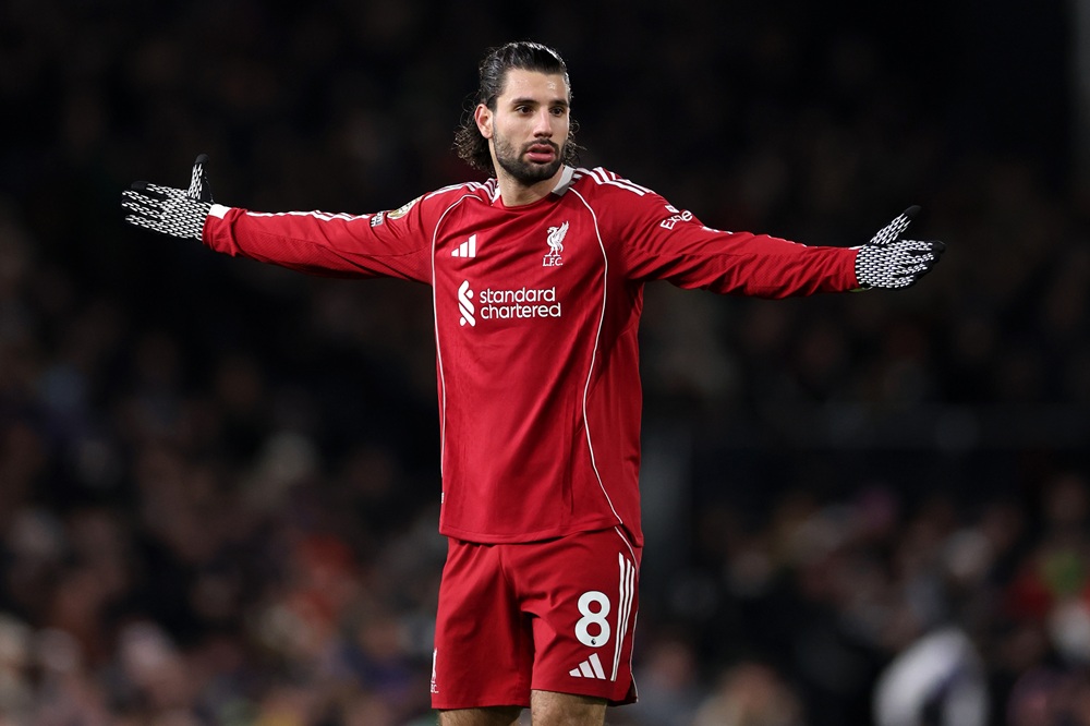 Dominik Szoboszlai of Liverpool reacts during the Premier League match between Fulham and Liverpool at Craven Cottage on January 04, 2026 in London, England. (Photo by Justin Setterfield/Getty Images)