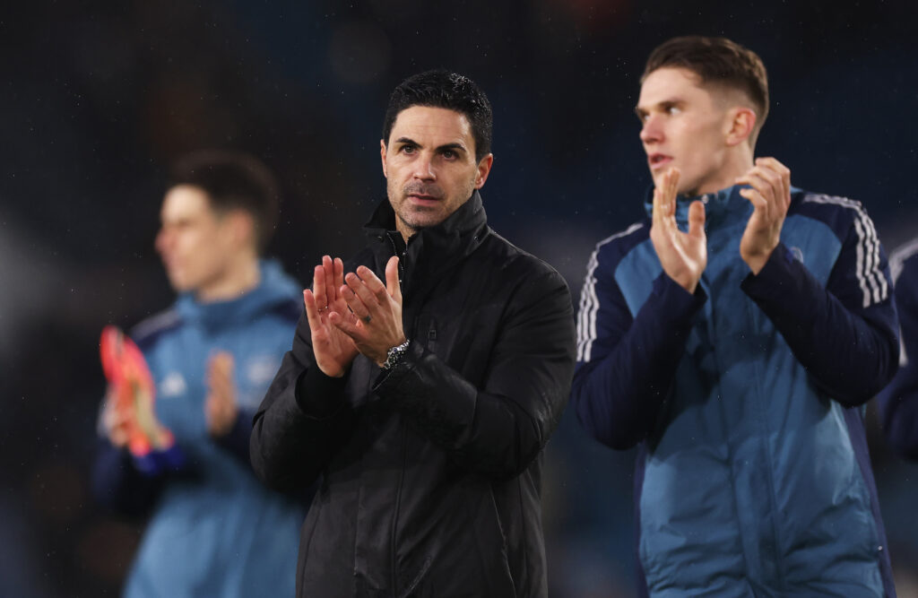 LEEDS, ENGLAND - JANUARY 31: Mikel Arteta, Manager of Arsenal, applauds the fans following the team's victory during the Premier League match between Leeds United and Arsenal at Elland Road on January 31, 2026 in Leeds, England. (Photo by Carl Recine/Getty Images)