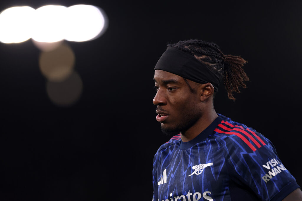 LEEDS, ENGLAND - JANUARY 31: Noni Madueke of Arsenal looks on during the Premier League match between Leeds United and Arsenal at Elland Road on January 31, 2026 in Leeds, England. (Photo by Carl Recine/Getty Images)