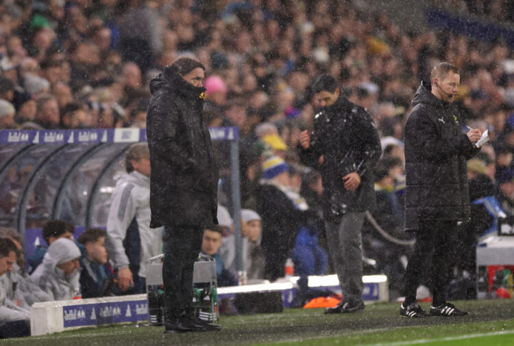 LEEDS, ENGLAND - JANUARY 31: Daniel Farke, Manager of Leeds United, looks on in the rain during the Premier League match between Leeds United and A...