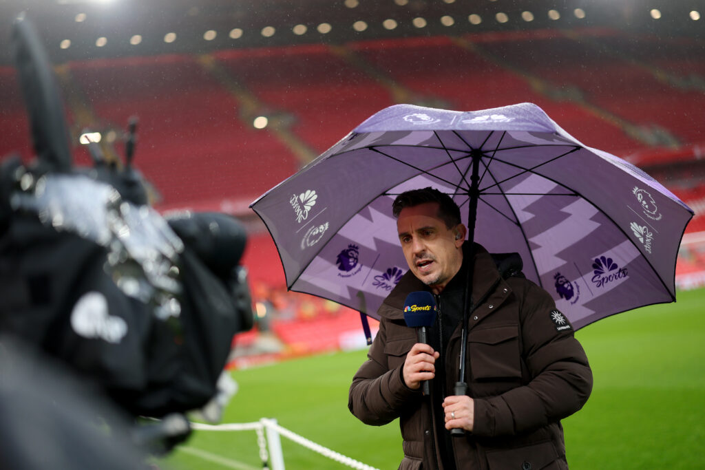 LIVERPOOL, ENGLAND - JANUARY 05: Gary Neville, former English footballer and current television pundit, presents with NBC Sport prior to the Premier League match between Liverpool FC and Manchester United FC at Anfield on January 05, 2025 in Liverpool, England. (Photo by Carl Recine/Getty Images)