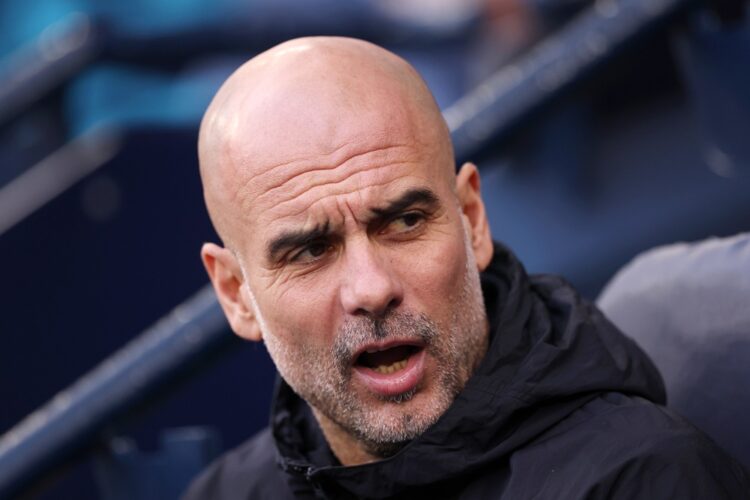 Pep Guardiola, Manager of Manchester City, reacts prior to the Premier League match between Manchester City and Wolverhampton Wanderers at Etihad S...