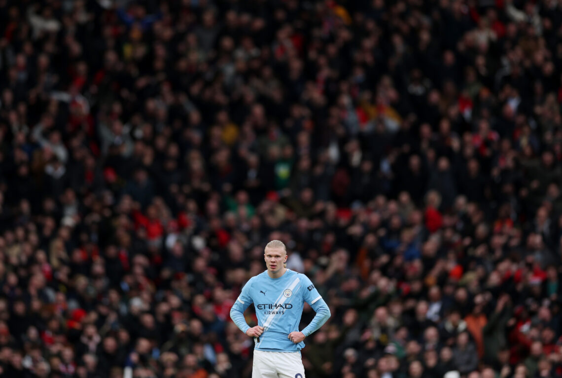 MANCHESTER, ENGLAND - JANUARY 17: Erling Haaland of Manchester City reacts after Bryan Mbeumo of Manchester United (not pictured) scored his teams ...