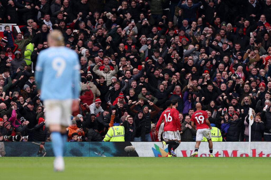 MANCHESTER, ENGLAND - JANUARY 17: Bryan Mbeumo of Manchester United celebrates scoring his team's first goal during the Premier League match between Manchester United and Manchester City at Old Trafford on January 17, 2026 in Manchester, England. (Photo by Carl Recine/Getty Images)