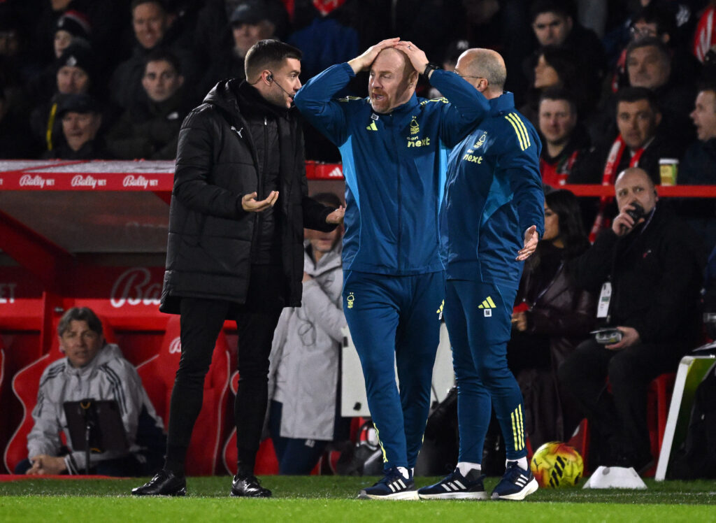 NOTTINGHAM, ENGLAND - JANUARY 17: Sean Dyche, Manager of Nottingham Forest, reacts during the Premier League match between Nottingham Forest and Arsenal at City Ground on January 17, 2026 in Nottingham, England. (Photo by Clive Mason/Getty Images)