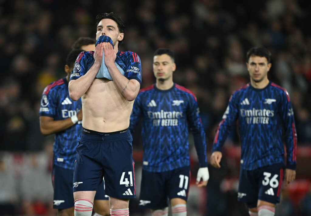 NOTTINGHAM, ENGLAND - JANUARY 17: Declan Rice of Arsenal before the Premier League match between Nottingham Forest and Arsenal at City Ground on January 17, 2026 in Nottingham, England. (Photo by Shaun Botterill/Getty Images)