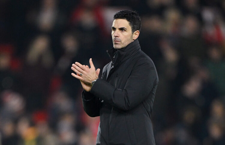 NOTTINGHAM, ENGLAND - JANUARY 17: Mikel Arteta, Manager of Arsenal, applauds the fans after the Premier League match between Nottingham Forest and ...