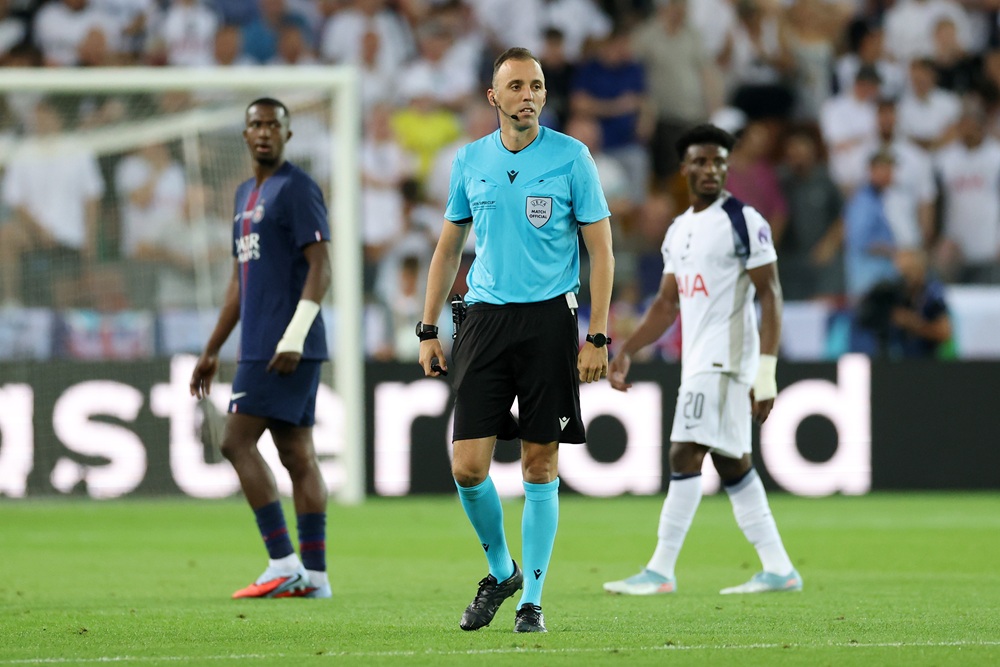 Referee Joao Pinheiro looks on during the UEFA Super Cup 2025 match between Paris Saint-Germain and Tottenham Hotspur at Stadio Friuli on August 13, 2025 in Udine, Italy. (Photo by Claudio Villa/Getty Images)