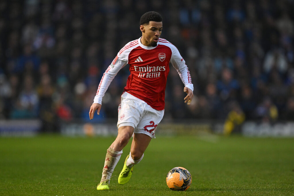 Ethan Nwaneri of Arsenal in action during the Emirates FA Cup Third Round match between Portsmouth and Arsenal on January 11, 2026 in Portsmouth, England. (Photo by Mike Hewitt/Getty Images)