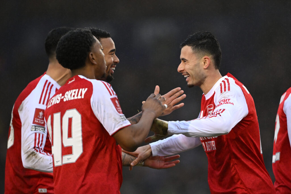 PORTSMOUTH, ENGLAND - JANUARY 11: Gabriel Martinelli of Arsenal celebrates with his teammates after scoring his team's third goal during the Emirates FA Cup Third Round match between Portsmouth and Arsenal at Fratton Park on January 11, 2026 in Portsmouth, England. (Photo by Mike Hewitt/Getty Images)