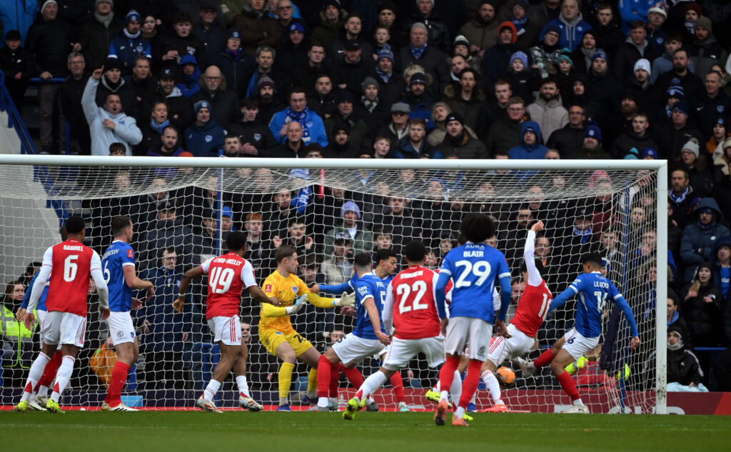 PORTSMOUTH, ENGLAND - JANUARY 11: Andre Dozzell of Portsmouth scores an own-goal, resulting in Arsenal's first goal during the Emirates FA Cup Third Round match between Portsmouth and Arsenal at Fratton Park on January 11, 2026 in Portsmouth, England. (Photo by Mike Hewitt/Getty Images)