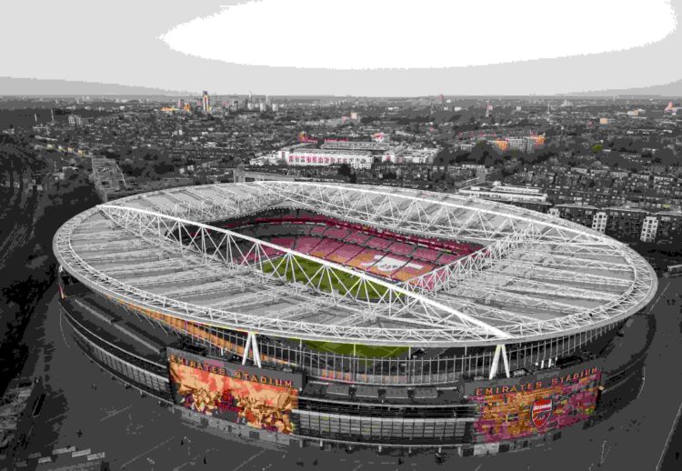 LONDON, ENGLAND - APRIL 07: An aerial view of Emirates Stadium at dusk during a Real Madrid training session ahead of their UEFA Champions League 2...