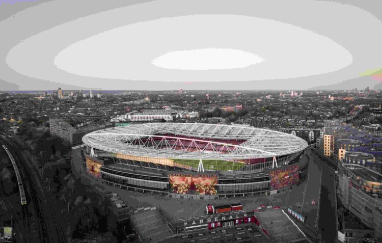 LONDON, ENGLAND - APRIL 07: An aerial view of Emirates Stadium at dusk during a Real Madrid training session ahead of their UEFA Champions League 2...