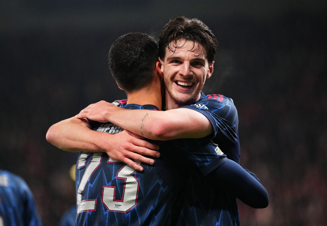 PRAGUE, CZECH REPUBLIC - NOVEMBER 04: Mikel Merino of Arsenal celebrates scoring his team's third goal with teammate Declan Rice (R) during the UEF...