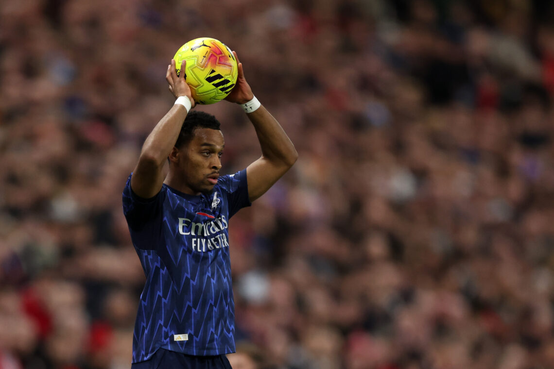 SUNDERLAND, ENGLAND - NOVEMBER 08: Jurrien Timber of Arsenal takes a throw in during the Premier League match between Sunderland and Arsenal at Sta...