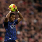 SUNDERLAND, ENGLAND - NOVEMBER 08: Jurrien Timber of Arsenal takes a throw in during the Premier League match between Sunderland and Arsenal at Stadium of Light on November 08, 2025 in Sunderland, England. (Photo by George Wood/Getty Images)