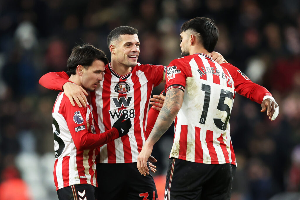 SUNDERLAND, ENGLAND - JANUARY 01: Granit Xhaka of Sunderland celebrates with teammates after the Premier League match between Sunderland and Manchester City at Stadium of Light on January 01, 2026 in Sunderland, England. (Photo by Matt McNulty/Getty Images)