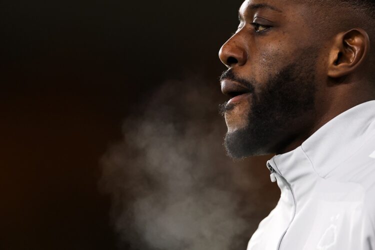 Ibrahim Sangare of Nottingham Forest warms up ahead of the Premier League match between Wolverhampton Wanderers and Nottingham Forest at Molineux o...
