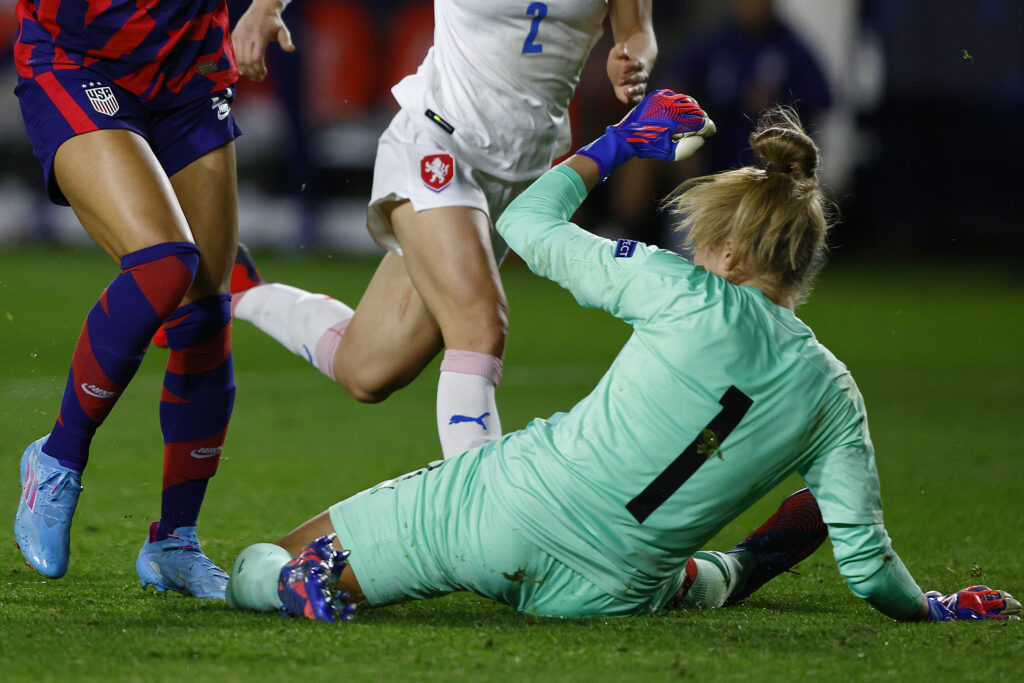 CARSON, CALIFORNIA - FEBRUARY 17: Barbora Votíková #1 of the Czech Republic defends the goal during the match between United States and Czech Republic as part of SheBelieves Cup 2022 at Dignity Health Sports Park on February 17, 2022 in Carson, California. (Photo by Ronald Martinez/Getty Images)